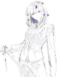  1girl araya_(project_moon) business_suit collared_shirt falundata formal_clothes hand_on_hilt hand_on_weapon hashtag-only_commentary highres jacket limbus_company limited_palette medium_hair necktie ootachi pant_suit pants project_moon red_eyes sheath sheathed shirt simple_background solo suit sword weapon white_background 