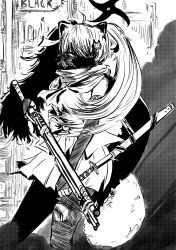  absurdres animal_ears blue_archive commentary_request gun highres katana korean_commentary lightningace long_hair michiru_(blue_archive) monochrome ninja rifle smoke sword tail weapon 