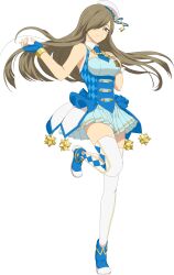 1girl alternate_costume artist_request blue_boots blue_dress blue_eyes blue_gloves boots breasts brown_hair closed_mouth cosplay dress fingerless_gloves full_body game_cg gloves hair_over_one_eye hand_on_own_chest hat highres idol idol_clothes idolmaster idolmaster_(classic) idolmaster_platinum_stars large_breasts light_blush long_hair looking_at_viewer official_art single_glove sleeveless sleeveless_dress smile solo standing standing_on_one_leg tales_of_(series) tales_of_asteria tales_of_the_abyss tear_grants tear_grants_(idol) thigh-highs thighs third-party_source transparent_background twinkle_star_(idolmaster) white_hat white_thighhighs 