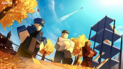  3others aircraft airplane ambiguous_gender autumn beard blue_sky building contrail crossed_arms day facial_hair fence flakey_9000 from_below full_body grin hat highres multiple_others outdoors path roblox sky smile tower_defense_simulator 