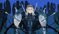 1boy absurdres aqua_eyes black_coat black_hair black_shirt blue_background blue_cape blue_gloves blue_ribbon blue_theme cape chinese_commentary closed_mouth coat colored_tips contrast_lapels curtained_hair expressionless flag frilled_sleeves frills gloves gradient_background hair_between_eyes hands_on_hilt highres lapels lars_rorschach lars_rorschach_(god_forsaken_land) long_hair long_sleeves looking_at_viewer lovebrush_chronicles male_focus mandarin_collar melting multicolored_hair notched_lapels official_alternate_hair_color pointed_crown qiong_xiang_prayer ribbon shirt solo straight-on thorns upper_body very_long_hair white_hair 