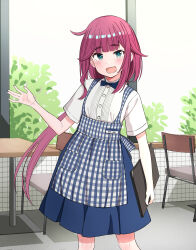  1girl absurdres aimoto_asahi_(urushiushiru) apron aqua_eyes aqua_pupils arm_at_side blue_background blue_skirt blush bright_pupils chair commentary_request day feet_out_of_frame hand_up highres holding holding_menu indoors kobeya_uniform long_hair looking_at_viewer menu name_tag open_mouth original plaid_apron plaid_clothes red_hair restaurant shirt short_sleeves skirt solo standing table urushiushiru very_long_hair waitress white_shirt window wispy_bangs 