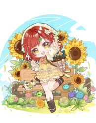  1girl absurdres ankle_socks apple_hair_ornament arm_up ascot basket bench black_boots black_socks bloomers blue_sky boots bow brooch brown_eyes calico_(pattern) calico_cat character_hair_ornament chibi chicken_print chinese_commentary clenched_hand colored_eyelashes commentary_request country_lolita day dot_nose dress dress_bow falling_petals fence floral_print flower flower_brooch food-themed_creature food-themed_hair_ornament frilled_dress frilled_footwear frilled_sleeves frills garden hair_flower hair_ornament hairclip happy headscarf highres infinity_nikki jewelry junimo leg_up light_blush light_particles lolita_fashion long_sleeves nikki_(series) open_mouth outdoors petals pinafore_dress print_ascot print_dress print_headwear puffy_long_sleeves puffy_sleeves red_ascot red_hair ribbon-trimmed_bloomers ribbon_trim shenmiguaijiaotu shirt short_dress short_hair sky sleeveless sleeveless_dress smile socks solo stardew_valley stardew_valley_encounter_(infinity_nikki) stuffed_chicken sunflower tareme teeth upper_teeth_only watermark white_bloomers white_bow white_headscarf white_shirt yellow_dress yellow_flower 