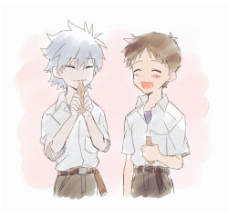  11kkr 2boys belt black_pants blue_eyes blush brown_hair closed_eyes collared_shirt commentary_request cropped_legs grey_hair hair_between_eyes ikari_shinji male_focus multiple_boys nagisa_kaworu neon_genesis_evangelion open_mouth pants papico_(ice_cream) red_eyes school_uniform shirt shirt_tucked_in short_hair tokyo-3_middle_school_uniform undershirt white_shirt 