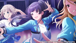  3girls black_hair blonde_hair clothes_around_waist commentary_request copyright_notice dancing fingernails grey_hair idolmaster idolmaster_shiny_colors indoors izumi_mei jacket jacket_around_waist long_hair mayuzumi_fuyuko multiple_girls official_art ponytail second-party_source serizawa_asahi shirt straylight_(idolmaster) sweat track_jacket upper_body very_long_hair white_shirt 