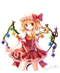  adapted_costume alternate_wings artist_name blonde_hair cowboy_shot cropped_legs dress fang flandre_scarlet grandia_(artist) hat red_eyes side_ponytail smile solo touhou white_background wings 