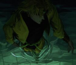  1boy belt black_shirt blonde_hair bracelet closed_mouth commentary dark densya_san dio_brando earrings from_above green_belt green_headband green_suspenders headband highres jacket jewelry jojo_no_kimyou_na_bouken long_sleeves male_focus medium_hair pants shirt solo stardust_crusaders wading walking water yellow_jacket yellow_pants 