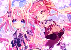  2girls absurdres animal_ears bandaid bandaid_on_hand bare_shoulders beads black_bow black_bowtie black_choker black_ribbon blue_hair blue_nails blue_streaks bow bowtie brown_nails choker closed_mouth collared_vest colored_inner_hair commentary_request crescent_choker detached_sleeves dress dutch_angle earrings eyelashes flower hair_beads hair_bow hair_ornament hand_up hat heart heart_earrings high-waist_skirt highres indie_virtual_youtuber jewelry kuronohanpen long_hair long_sleeves looking_at_viewer mitsuki_shio multicolored_hair multicolored_nails multiple_girls nail_polish neck_ribbon parted_lips pink_dress pink_flower pink_hair pink_sleeves puffy_short_sleeves puffy_sleeves rabbit_ears rabbit_hair_ornament red_bow red_skirt red_vest ribbon sailor_dress sasasaki_kiki sharp_teeth shirt short_eyebrows short_sleeves skirt sleeveless sleeveless_dress smile star-shaped_pupils star_(symbol) streaked_hair symbol-shaped_pupils teeth twintails vest violet_eyes virtual_youtuber white_hat white_shirt x_hair_ornament yellow_eyes 