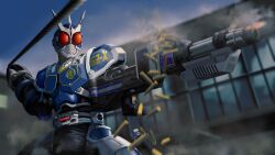  1boy armor black_bodysuit blue_armor blue_helmet bodysuit building commentary_request doukesi969 firing gatling_gun gun helmet holding holding_gun holding_weapon kamen_rider kamen_rider_agito_(series) kamen_rider_g3-x multicolored_armor outdoors radio_antenna red_eyes rider_belt shell_casing shoulder_armor silver_armor silver_trim smoke smoking_barrel solo tokusatsu weapon wire 