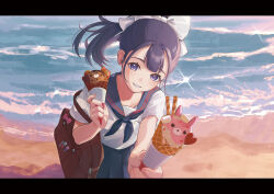 1girl bag beach black_hair blunt_bangs blush bow food hair_bow highres ice_cream long_hair looking_at_viewer mole mole_under_eye mole_under_mouth ocean original parted_lips ponytail reaching reaching_towards_viewer saito_(otias) sand school_bag school_uniform serafuku smile sparkle standing violet_eyes 