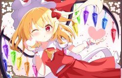  1girl absurdres argyle_background ascot back_bow blonde_hair blush bow breasts collared_shirt commentary_request cowboy_shot crystal_wings flandre_scarlet floating_hair frills hair_between_eyes hair_bow hand_up hat hat_ribbon heart highres large_bow long_hair looking_at_another mob_cap multicolored_wings one_eye_closed open_mouth petals pink_background puffy_short_sleeves puffy_sleeves red_bow red_eyes red_pupils red_ribbon red_skirt red_vest ribbon samoflower shirt short_sleeves side_ponytail skirt skirt_set small_breasts solo standing touhou vest wavy_hair white_bow white_hat white_shirt wings wrist_cuffs yellow_ascot 