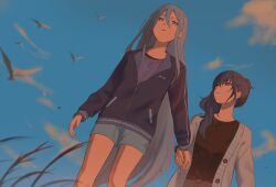  2girls animal aose_(aose_pp) arms_at_sides asahina_mafuyu bare_legs belt bird black_jacket black_shirt blue_shorts blue_sky breasts brown_belt buttons cardigan clouds collared_jacket commentary_request denim double-parted_bangs dove drawstring expressionless eyes_visible_through_hair feet_out_of_frame film_grain flat_chest from_below grey_cardigan grey_eyes grey_hair grey_pants hair_between_eyes hair_over_shoulder high_ponytail highres holding_hands jacket jeans light_smile long_hair long_sleeves looking_afar looking_at_viewer multiple_girls open_cardigan open_clothes pants parted_lips partially_unzipped plant pocket ponytail project_sekai puffy_long_sleeves puffy_sleeves purple_hair purple_shirt shirt shorts sidelocks simple_background sky small_breasts standing straight_hair sunset swept_bangs upper_body very_long_hair wavy_hair white_bird yoisaki_kanade 