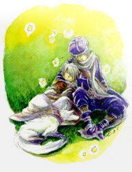 child gauche_suede lag_seeing laying_on_person naoh_(pixiv_637429) roda_(tegami_bachi) scarf sitting sleeping sleeping_on_person star_(symbol) tegami_bachi trio uniform watercolor_(medium)