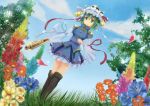  1girl boots clouds dress_shirt flower grass green_eyes green_hair hair_bobbles hair_ornament hat ribbon rikkunia ritual_baton rod_of_remorse shikieiki_yamaxanadu shirt short_hair skirt sky solo touhou tree wide_sleeves 