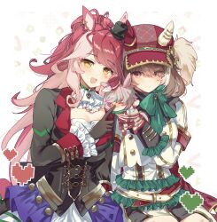  2girls absurdres animal_ears ascot belt black_gloves black_jacket blush bow breasts brown_hair cape closed_mouth commentary_request ear_covers ears_through_headwear facial_mark gloves green_bow hair_between_eyes hair_ornament hand_puppet hat heart heart_facial_mark heart_on_cheek highres horse_ears horse_girl horse_tail jacket long_hair long_sleeves looking_at_viewer loves_only_you_(9927_wishes)_(umamusume) loves_only_you_(umamusume) marche_lorraine_(umamusume) mismatched_ear_covers multiple_girls open_mouth puppet red_cape red_hair sb_(akagikeai) shirt short_hair skirt smile tail umamusume violet_eyes white_ascot white_belt white_jacket yellow_eyes 