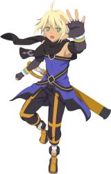  1boy ahoge artist_request black_gloves black_pants black_scarf blonde_hair blue_shirt clenched_hand commentary elbow_gloves emil_castagnier fingerless_gloves full_body game_cg gloves green_eyes highres looking_at_viewer official_art open_mouth pants reaching reaching_towards_viewer scarf sheath sheathed shirt short_hair sleeveless sleeveless_shirt solo sword tales_of_(series) tales_of_asteria tales_of_symphonia tales_of_symphonia_knight_of_ratatosk third-party_source transparent_background weapon 