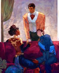  1girl 2boys alternate_costume arcane:_league_of_legends arcane_jayce armor armpit_crease back bare_shoulders blue_dress blush brown_hair cheekbones closed_mouth collared_shirt colored_veins couch cup curtains dark-skinned_female dark_skin dreadlocks dress drinking_glass earrings elbow_gloves from_behind from_side glitter glitter_makeup gloves gold_armor gold_tattoo hair_ornament hair_up highres holding holding_cup indoors jacket jayce_(league_of_legends) jewelry league_of_legends leaning_to_the_side long_hair looking_down looking_to_the_side looking_up mel_(league_of_legends) milocam multiple_boys on_couch open_clothes open_jacket shade shirt shoulder_plates sitting standing suit tan upper_body very_dark_skin vest viktor_(arcane) viktor_(league_of_legends) white_shirt wine_glass 