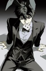  1boy animal_ear_hairband animal_ears bags_under_eyes biting_card black_bow black_bowtie black_hair black_jacket black_pants black_suit black_vest blush bow bowtie buttons collared_shirt commentary_request cowboy_shot double-parted_bangs doyagao fake_animal_ears fang formal_clothes from_above gradient_background hair_between_eyes hairband hands_on_floor highres jacket leaning_back looking_at_viewer male_focus on_floor open_clothes open_jacket original pants rabbit_ear_hairband rabbit_ears sanpaku shirt short_hair simple_background sitting smile smug solo suit teeth tsurime v-shaped_eyebrows vest white_shirt woooooo_t 