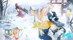  4girls absurdres adjusting_clothes adjusting_headwear arm_up bare_tree between_fingers black_hat black_skirt black_vest blonde_hair blue_bow blue_eyes blue_hair bow braid broom broom_riding brown_eyes brown_hair cirno commentary_request daiyousei day detached_sleeves flying frilled_bow frills gohei green_eyes green_hair hair_bow hakurei_reimu hat hat_bow highres holding holding_gohei holding_ofuda hyosei_cryselia kirisame_marisa lantern leg_up legs_apart loafers long_hair long_sleeves looking_at_another looking_back mountainous_horizon multiple_girls neck_ribbon nontraditional_miko ofuda open_mouth outdoors peeking puffy_short_sleeves puffy_sleeves red_bow red_ribbon red_shirt red_shoes red_skirt ribbon ribbon-trimmed_sleeves ribbon_trim shirt shoes short_sleeves single_braid skirt skirt_set sleeveless sleeveless_shirt smile snow socks stone_lantern teeth torii touhou tree vest white_bow white_shirt white_sleeves white_socks wide_sleeves witch_hat yellow_eyes 