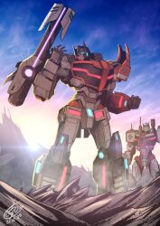  arm_cannon autobot blue_eyes glowing glowing_eyes highres how_do_you_feel_about_going_on_the_offensive?_(transformers) insignia machine mask mecha megatron mouth_mask neon_trim ongget1 optimus_prime ratchet_(transformers) robot science_fiction transformers weapon 