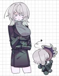  1girl 1other black_gloves black_jacket blue_eyes borrowed_design breasts commentary_request cowboy_shot dante_(limbus_company) faust_(project_moon) gloves grey_sweater grid_background heart highres jacket kiss large_breasts limbus_company looking_at_viewer mintseed_o open_mouth other_with_female project_moon ribbed_sweater short_hair simple_background sweater turtleneck turtleneck_sweater white_background white_hair 