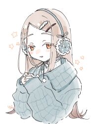  1girl :p blonde_hair blue_coat blush chinstrap closed_mouth coat colored_eyelashes commentary_request earmuffs flipped_hair gakuen_idolmaster hair_ornament hairclip highres idolmaster long_hair long_sleeves looking_at_viewer orange_eyes shinosawa_hiro solo star_(symbol) sweater swept_bangs syrup7979 tongue tongue_out turtleneck turtleneck_sweater upper_body white_background white_sweater 