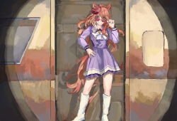  1girl absurdres animal_ears boots bow bowtie breasts brown_hair closed_mouth commentary_request ears_through_headwear empallz forever_young_(umamusume) green_eyes hand_on_own_hip hat highres horse_ears horse_girl horse_tail long_hair long_sleeves looking_at_viewer multicolored_hair photo-referenced pleated_skirt ponytail purple_sailor_collar purple_serafuku purple_shirt purple_skirt red-tinted_eyewear red_streaks sailor_collar sailor_shirt school_uniform serafuku shirt skirt smile solo streaked_hair sunglasses tail tinted_eyewear tracen_school_uniform umamusume white_boots white_bow white_bowtie white_streaks 