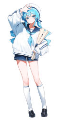  1girl arahashi_tabi arm_up beret black_shoes blue_eyes blue_hair blue_neckerchief blue_sailor_collar blue_shorts closed_mouth full_body hand_up hat highres holding holding_map huhi_(huhi_1211) kneehighs loafers long_hair long_sleeves looking_at_viewer map neckerchief sailor_collar sailor_shirt shirt shoes short_shorts shorts simple_background smile socks solo standing stellive twintails virtual_youtuber white_background white_hat white_shirt white_socks 