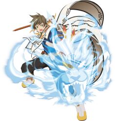  1boy artist_request belt belt_bag black_pants blue_shirt boots brown_belt brown_hair coat earrings feather_earrings feathers fighting_stance fingerless_gloves full_body game_cg gloves green_eyes highres holding holding_sword holding_weapon jewelry looking_at_viewer magic official_art open_mouth orange_feathers pants sheath shirt short_hair solo sorey_(tales) standing sword tales_of_(series) tales_of_asteria tales_of_zestiria third-party_source transparent_background weapon white_boots white_coat white_gloves 