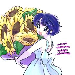  1girl :d bare_shoulders blue_dress blue_hair bouquet colored_skin dress flower grey_eyes holding holding_bouquet looking_back moitasu ranma_1/2 redrawn short_hair smile solo sunflower tendou_akane white_skin 
