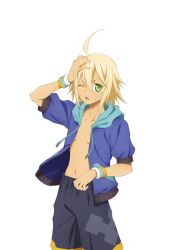  1boy ahoge artist_request black_male_swimwear blonde_hair blue_hoodie collarbone cowboy_shot emil_castagnier emil_castagnier_(swimsuit) game_cg green_eyes hand_on_own_head hood hoodie looking_at_viewer male_swimwear navel official_alternate_costume official_art one_eye_closed open_clothes open_hoodie open_mouth short_hair solo standing sweat tales_of_(series) tales_of_asteria tales_of_symphonia tales_of_symphonia_knight_of_ratatosk third-party_source transparent_background wet 