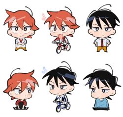  2boys bicycle black_eyes black_hair black_shirt blue_sweater brown_eyes brown_pants chibi chibi_only closed_mouth collared_shirt commentary_request dot_nose double-parted_bangs fang hands_on_own_hips imaizumi_shunsuke jacket korean_commentary looking_at_another looking_to_the_side male_focus multiple_boys multiple_views naruko_shoukichi necktie o_omome open_mouth pants raglan_sleeves red_hair red_necktie red_shirt riding riding_bicycle school_uniform shirt smile sweater triangle_mouth two-tone_shirt white_background white_shirt wing_collar yowamushi_pedal 