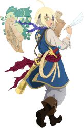  1boy artist_request bandages blonde_hair blue_coat blue_scarf boots brown_boots coat emil_castagnier emil_castagnier_(pirate) eyepatch from_behind full_body game_cg green_eyes grey_pants highres holding holding_map holding_quill looking_at_creature looking_back map monocular official_alternate_costume official_art open_mouth pants pirate_costume quill scarf shirt short_hair solo standing sword tales_of_(series) tales_of_asteria third-party_source transparent_background walking weapon white_shirt 