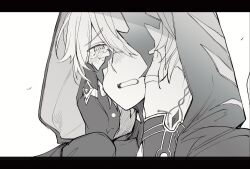  1boy anaxa_(honkai:_star_rail) blush cape commentary cracked_skin crying flame_reaver_of_the_deepest_dark gloves greyscale hand_tattoo hands_on_another's_cheeks hands_on_another's_face hands_up honkai:_star_rail honkai_(series) hood hood_up hooded_cape jewelry letterboxed looking_at_viewer male_focus monochrome multiple_rings ring sekken88 single_glove tattoo 