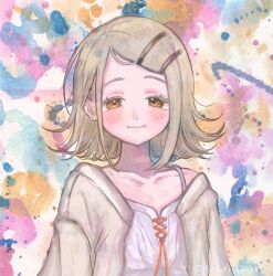  1girl blush camisole closed_mouth collarbone colored_eyelashes colorful_background commentary_request earrings flipped_hair gakuen_idolmaster grey_hair grey_robe hair_ornament hairclip idolmaster jewelry looking_at_viewer open_clothes open_robe orange_eyes orange_ribbon parallel_hairclips ribbon robe shinosawa_hiro short_hair smile snouty_basket solo stud_earrings swept_bangs twitter_username upper_body white_camisole 