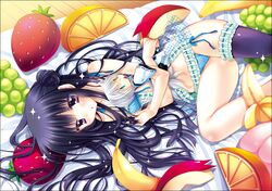  apple araiguma babydoll banana black_hair black_legwear blue_panties character_doll food fruit grapes inu_x_boku_ss long_hair lying miketsukami_soushi on_side orange panties peach polka_dot polka_dot_panties purple_eyes shirakiin_ririchiyo side_bun solo strawberry underwear violet_eyes 