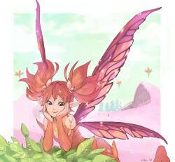  1other androgynous bodysuit fairy fairy_wings feo_ul final_fantasy final_fantasy_xiv hands_on_own_cheeks hands_on_own_face head_rest leaf looking_at_viewer nika_7o7 orange_bodysuit other_focus pink_wings pointy_ears red_hair short_hair short_twintails signature smile solo twintails wings 