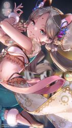  1girl animal_ear_fluff animal_ears aqua_eyes bell blue_pants blurry blurry_background breasts brown_shoes copyright_name copyright_notice cowboy_shot crop_top dancer dancing dark-skinned_female dark_skin drawn_whiskers earrings eyelashes floating_hair frilled_shirt frills glint grey_hair hands_up heaven_burns_red highres jewelry jingle_bell long_hair looking_at_viewer low_twintails navel official_alternate_costume official_art official_wallpaper pants parted_bangs parted_lips seductive_smile shirt shoes short_sleeves small_breasts smile solo stomach tail tiger_ears tiger_tail twintails very_long_hair vritika_balakrishnan vritika_balakrishnan_(beautiful_sardula) white_shirt 