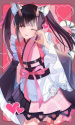  animal_ears black_hair cho_kaguya-hime! commentary_request crossdressing crossdressing_(mtf) half-heart_hands heart heart-shaped_pupils highres horns japanese_clothes komazawa_noi long_hair male_focus multicolored_hair one_eye_closed pink_eyes pink_hair pink_horns solo symbol-shaped_pupils tail tiger_ears tongue tongue_out trap twintails yui_4293 