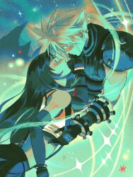  1boy 1girl armor ashlena_sharma bare_shoulders black_gloves black_hair black_skirt blonde_hair blue_eyes blush cloud_strife couple crop_top earrings elbow_gloves english_commentary eye_contact face-to-face final_fantasy final_fantasy_vii final_fantasy_vii_rebirth final_fantasy_vii_remake from_side gloves hand_on_another's_cheek hand_on_another's_face hetero highres jewelry lifestream light_particles long_hair looking_at_another mountainous_horizon night profile red_eyes short_hair shoulder_armor skirt sky sleeveless sleeveless_turtleneck sparkle spiky_hair star_(sky) star_(symbol) starry_sky stud_earrings suspender_skirt suspenders sweater tank_top tifa_lockhart turtleneck turtleneck_sweater upper_body white_tank_top 