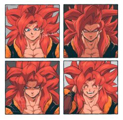  1boy biceps blue_eyes body_fur dragon_ball dragon_ball_gt gogeta highres looking_at_viewer male_focus metamoran_vest monkey_boy multiple_expressions muscular muscular_male no_nipples pectorals red_fur red_hair relio_db318 simple_background smile spiky_hair super_saiyan super_saiyan_4 