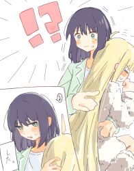  !? 2girls black_hair blonde_hair blush cho_kaguya-hime! closed_eyes commentary ear_blush emphasis_lines green_eyes green_jacket hand_blush hand_on_another's_back highres hug jacket kaguya_(cho_kaguya-hime!) long_hair long_sleeves medium_hair mole mole_under_eye multiple_girls sakayori_iroha shirt sidelocks translated wagariro white_background white_shirt yuri 