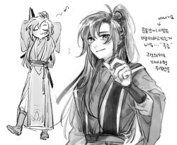  1boy ahoge arms_behind_back arms_up blush boots chinese_clothes closed_eyes closed_mouth eighth_note full_body greyscale hair_ribbon hand_up hanfu high_ponytail highres holding holding_weapon korean_text long_hair long_sleeves looking_at_viewer male_focus melmerry modao_zushi monochrome multiple_views musical_note notice_lines pants parted_lips ponytail ribbon robe sash sidelocks simple_background smile standing suibian_sword sword sword_on_back sword_tassel tassel tying_hair upper_body weapon weapon_on_back weapon_tassel wei_wuxian white_background wide_sleeves yaopei 