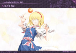  1girl alice_margatroid aqua-lia artbook artist_name blonde_hair blue_dress breasts capelet character_name cowboy_shot dress expressionless floating_clothes fushigi_no_gensokyo hairband hands_up highres humanoid_robot mechanization medium_hair non-web_source official_art puppet_strings red_eyes red_hairband robot short_sleeves small_breasts solo touhou waist_ribbon white_capelet 