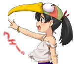  1girl \m/ animal_hat beak bird_hat black_hair blush bracelet brown_eyes bust child copyright_request hat jewelry off_shoulder open_mouth outstretched_arm ponytail profile ring sagamimok side_profile simple_background smile solo strap_slip string tattered_clothes torn_clothes translation_request white_background 