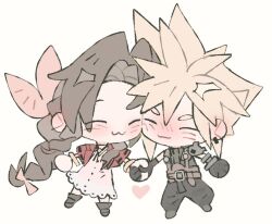  1boy 1girl :3 aerith_gainsborough armor baggy_pants belt black_gloves blonde_hair blush boots bow braid braided_ponytail brown_belt brown_boots brown_hair cheek-to-cheek chibi chibi_only choker closed_eyes cloud_strife commentary couple cropped_jacket dress english_commentary final_fantasy final_fantasy_vii final_fantasy_vii_remake gloves gold_bangle grey_pants grey_shirt hair_between_eyes hair_bow hair_ribbon heads_together hetero holding_hands jacket long_hair mmmckayyy pants parted_bangs pauldrons pink_bow pink_dress pink_ribbon red_jacket ribbed_shirt ribbon shirt short_hair shoulder_armor sidelocks single_braid single_pauldron sleeveless sleeveless_turtleneck spiky_hair suspenders turtleneck white_background 