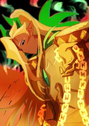  1other absurdres ananas_dragon_cookie armor asymmetrical_bangs bad_id bad_lofter_id black_sclera blonde_hair chain closed_mouth colored_eyelashes colored_sclera cookie_run cookie_run:_ovenbreak dark_skin dragon_horns dragon_wings expressionless facial_mark full_armor gem geruideyundongxie green_background green_gem green_horns hair_behind_ear hand_up high_ponytail highres holding holding_chain horns humanization light_frown long_hair looking_at_viewer orange_wings other_focus pointy_ears ponytail reaching reaching_towards_viewer shoulder_armor simple_background solo upper_body very_long_hair white_eyelashes wings yellow_armor yellow_eyes 