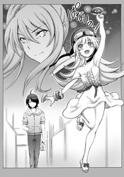  1girl absurdres araragi_koyomi bakemonogatari doughnut goggles goggles_on_head helmet highres long_hair makki-bittu monochrome monogatari_(series) oshino_shinobu sandals strap_slip 