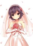  blush bouquet collarbone dress flower highres jewelry kami_nomi_zo_shiru_sekai light_smile necklace petals purple_eyes purple_hair sarekoube short_hair simple_background solo takahara_ayumi veil wedding_dress white_background 