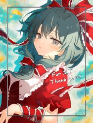  1girl aqua_eyes aqua_hair arm_ribbon blue_sky blush bow breasts clouds cloudy_sky commentary commission criss-cross_halter day dress english_commentary floating_clothes frills front_ponytail hair_between_eyes hair_bow halterneck hand_up kagiyama_hina long_hair looking_at_viewer medium_breasts mejina_nyaa open_mouth outdoors petals puffy_short_sleeves puffy_sleeves puritan_collar red_bow red_dress ribbon short_sleeves sky solo thank_you touhou upper_body 